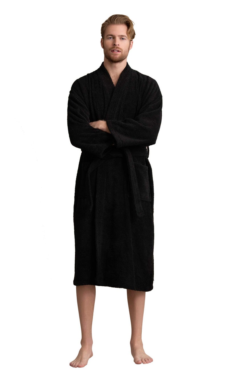 Soft Touch Linen - Turkish Terry Kimono Style Bathrobe - 100% Pure Turkish Cotton - Made in Turkey (Black, Large) - Image 3